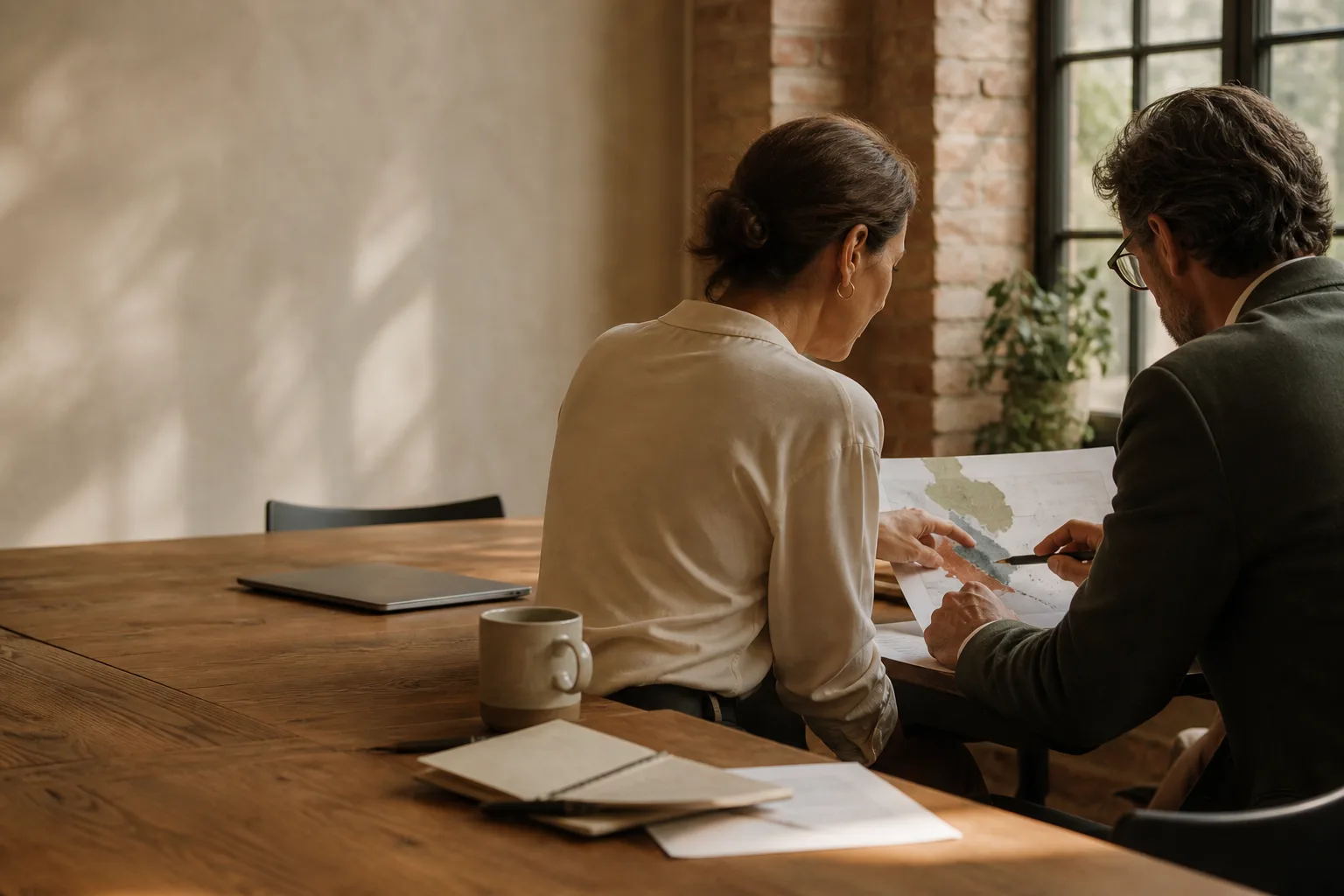 Two practitioners reviewing a risk map together at a wooden table
